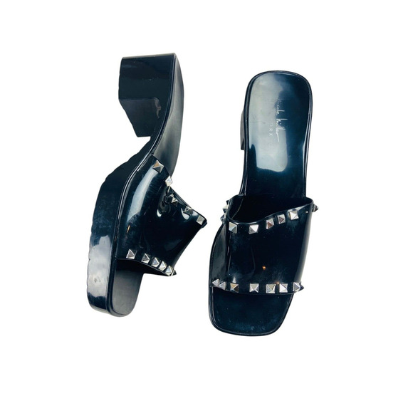 Nicole Miller Womens Block Heels Slip On Sandals Studded Black Size 10 - Picture 1 of 8